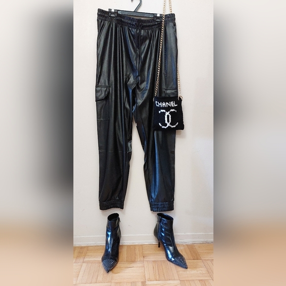 Black Faux Leather Cargo Joggers-Pants - Picture 8 of 9